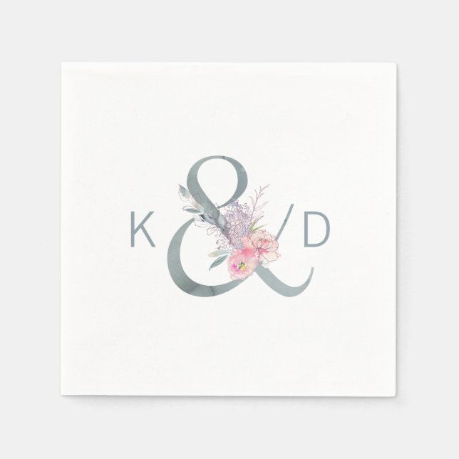 Watercolor Floral Ampersand and Monogram Wedding Napkin (Front)