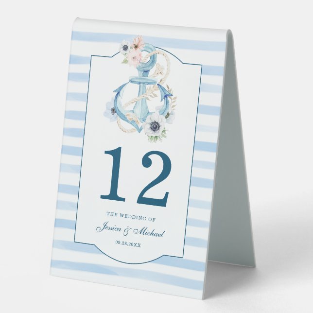 Watercolor Floral Anchor Blue Stripes Wedding (Front)