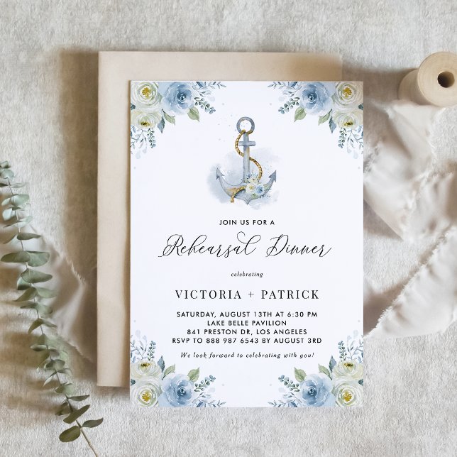 Watercolor Floral Anchor Nautical Rehearsal Dinner Invitation (Seaside rehearsal dinner invitation featuring watercolor floral anchor and blue and white flowers. )