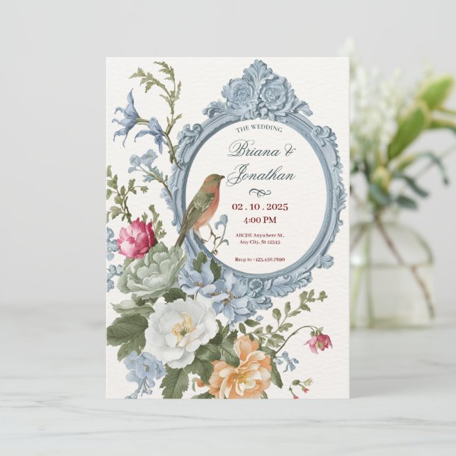 Watercolor floral and bird frame artistic wedding  invitation (Standing Front)