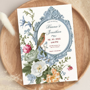 Watercolor floral and bird frame artistic wedding  invitation