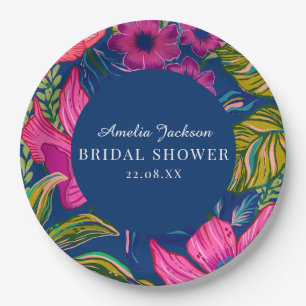 Watercolor floral and botanical blue bridal shower paper plate