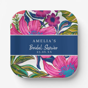 Watercolor floral and botanical blue bridal shower paper plate