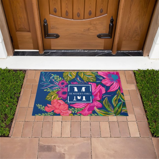 Watercolor floral and botanical Monogram Doormat (Outdoor)