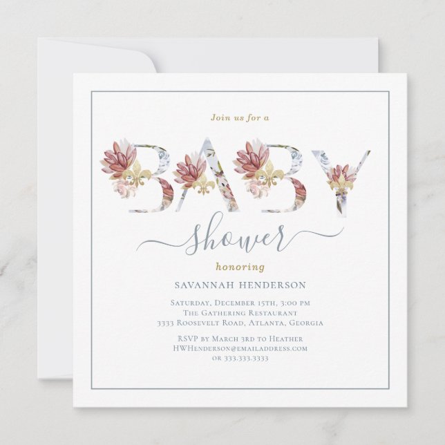 Watercolor Floral and Gold Baby Shower Invitation (Front)