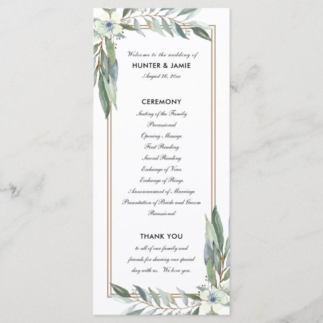 Watercolor Floral and Greens, Double Sided Wedding Programme (Front)