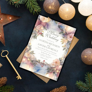 Watercolor Floral and Holiday Lights Wedding Invitation