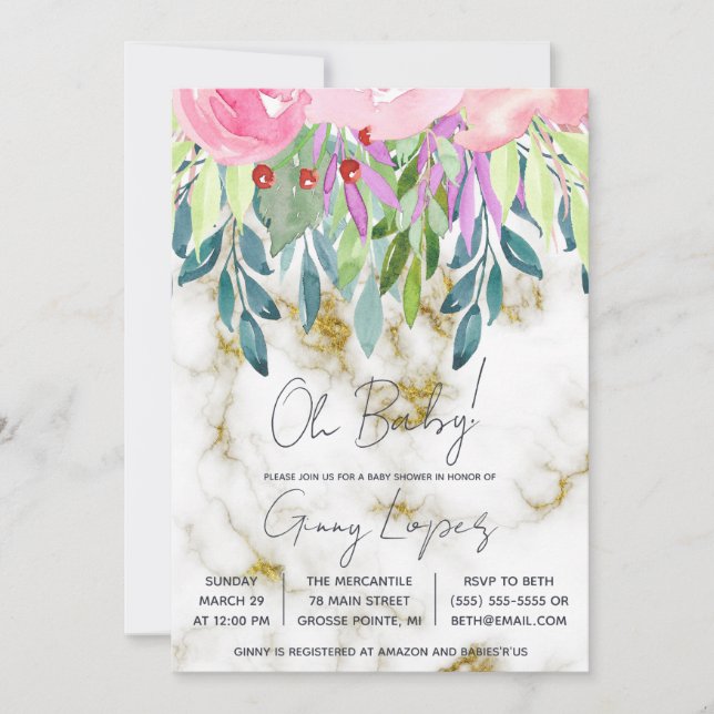 Watercolor Floral and Marble Baby Shower Invitation (Front)