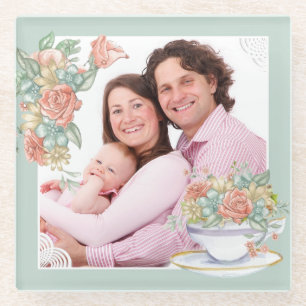 Watercolor Floral and Teacup Custom Photo Glass Coaster
