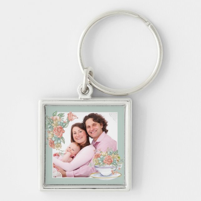 Watercolor Floral and Teacup Custom Photo Key Ring (Front)