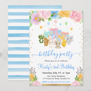 Watercolor Floral Animal Friends Birthday Party Invitation
