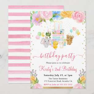 Watercolor Floral Animal Friends Birthday Party Invitation