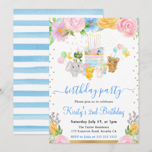 Watercolor Floral Animal Friends Birthday Party Invitation