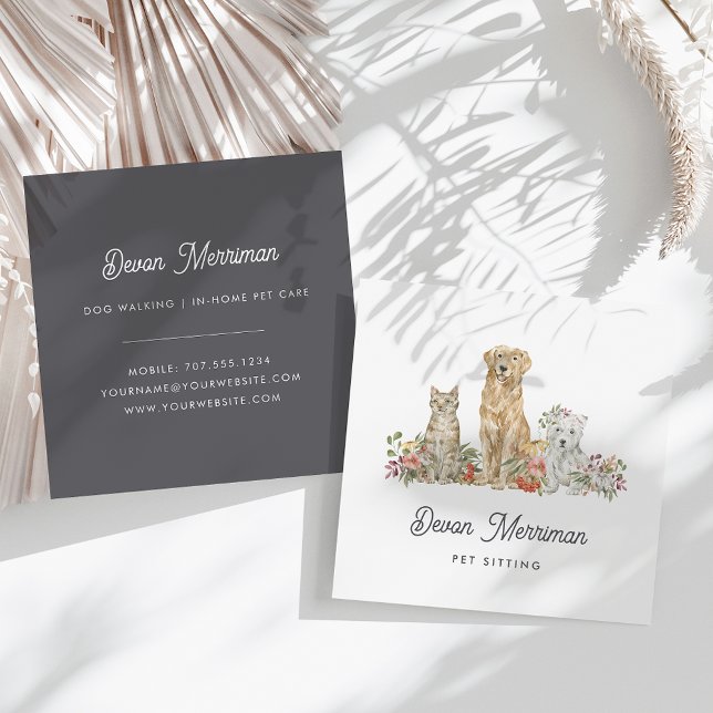 Watercolor Floral Animals | Pet Care Square Business Card (Creator Uploaded)