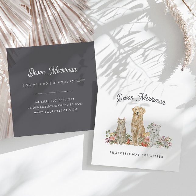 Watercolor Floral Animals | Pet Care Square Business Card (Creator Uploaded)