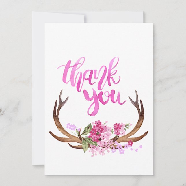 Watercolor Floral Antlers Thank You Card (Front)