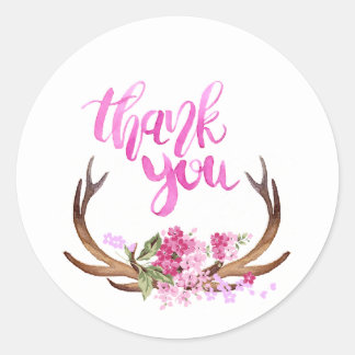 Watercolor Floral Antlers Thank You Classic Round Sticker