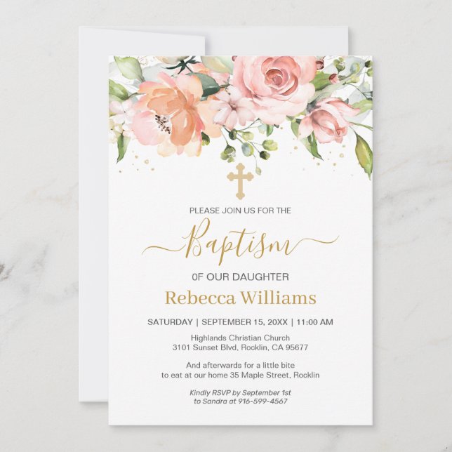 Watercolor Floral Apricot Pink Roses Baby Baptism Invitation (Front)