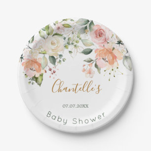 Watercolor Floral Apricot Pink Roses Baby Shower Paper Plate