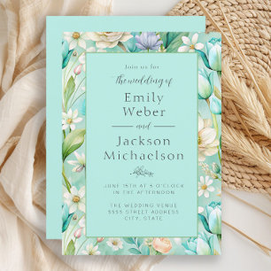 Watercolor Floral Aqua Ivory Pastel Floral Wedding Invitation