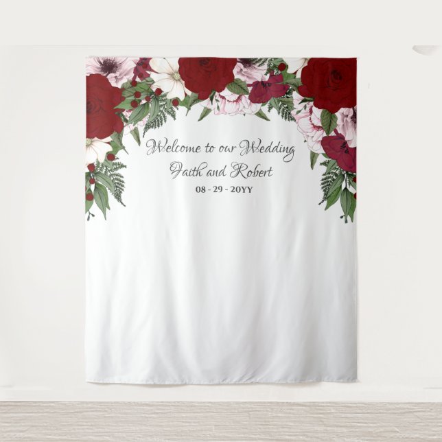 Watercolor Floral Arch Burgundy Blush Greenery Tapestry (Front)