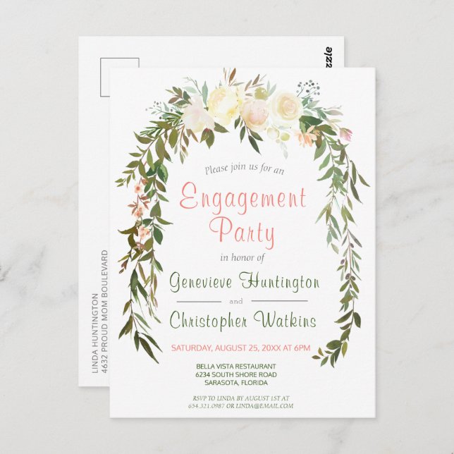 Watercolor Floral Arch Engagement Party Postcard (Front/Back)