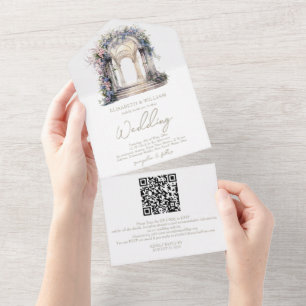 Watercolor Floral Arch Wedding Rsvp QR Code All In One Invitation