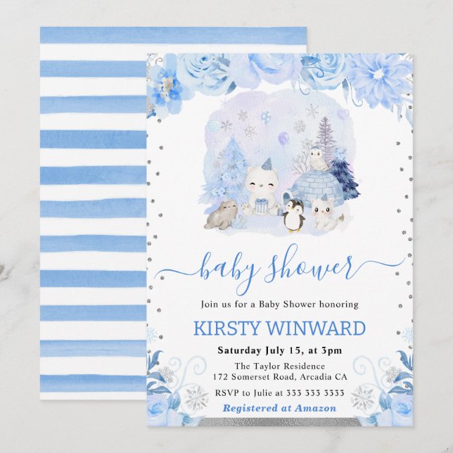 Watercolor Floral Arctic Animals Baby Shower Invitation (Front/Back)