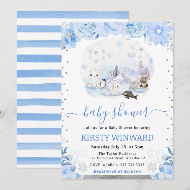 Watercolor Floral Arctic Animals Baby Shower Invitation (Front/Back)