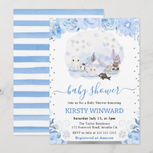Watercolor Floral Arctic Animals Baby Shower Invitation