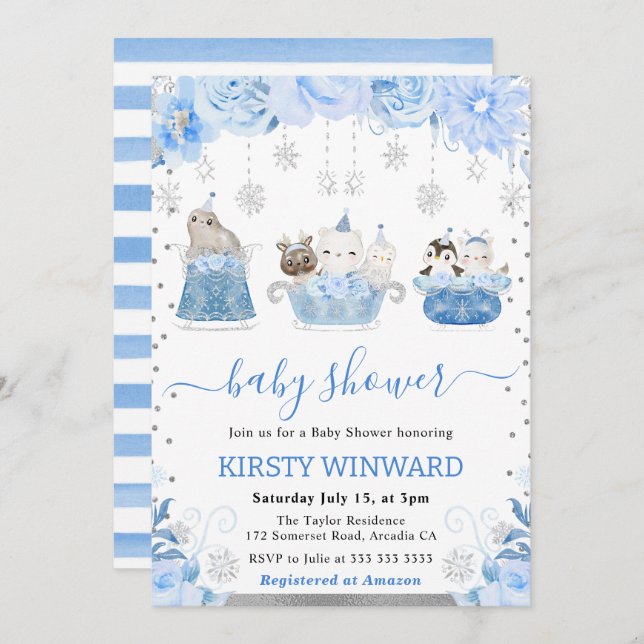 Watercolor Floral Arctic Animals Baby Shower Invitation (Front/Back)