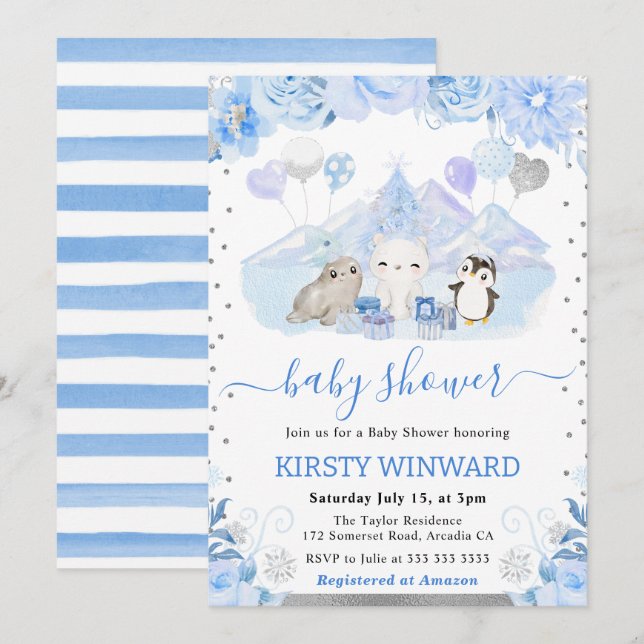 Watercolor Floral Arctic Animals Baby Shower Invitation (Front/Back)