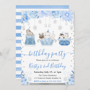 Watercolor Floral Arctic Animals Birthday Invitation