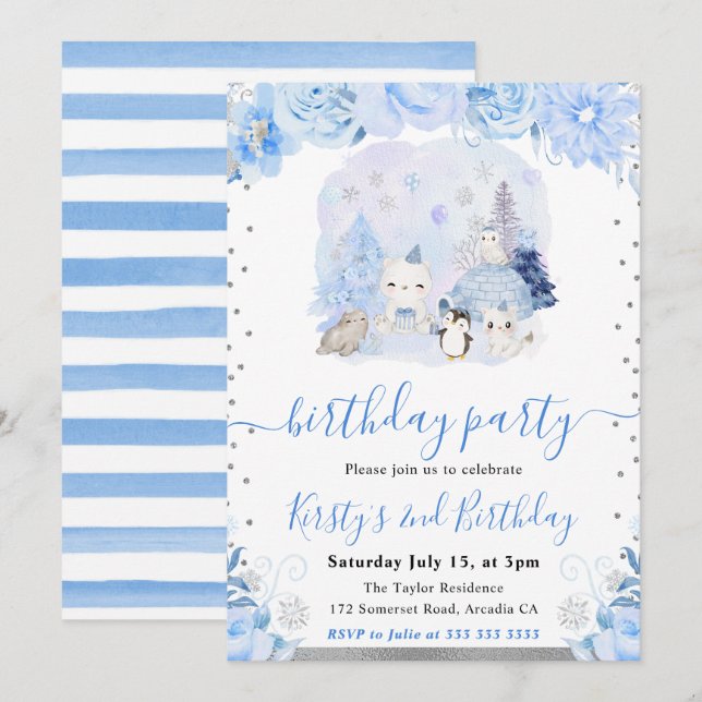 Watercolor Floral Arctic Animals Kids Birthday Invitation (Front/Back)