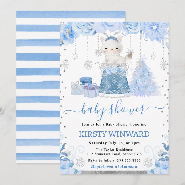 Watercolor Floral Arctic Fox Baby Shower Invitation (Front/Back)
