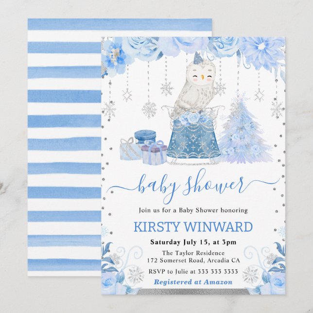 Watercolor Floral Arctic Owl Baby Shower Invitation (Front/Back)