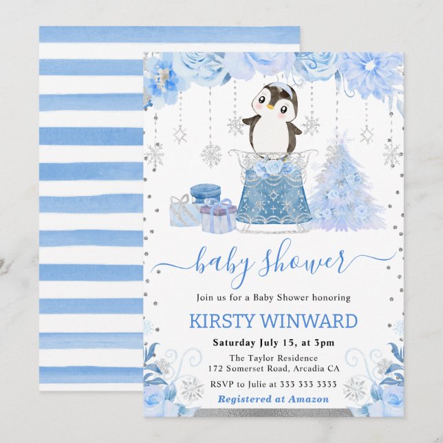 Watercolor Floral Arctic Penguin Baby Shower Invitation (Front/Back)