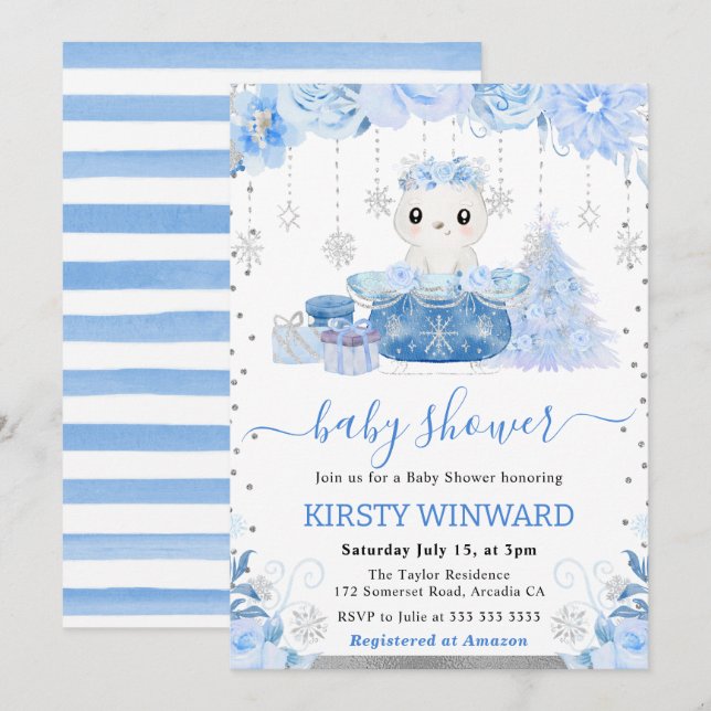 Watercolor Floral Arctic polar Bear Baby Shower Invitation (Front/Back)