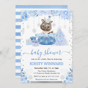 Watercolor Floral Arctic Reindeer Baby Shower Invitation