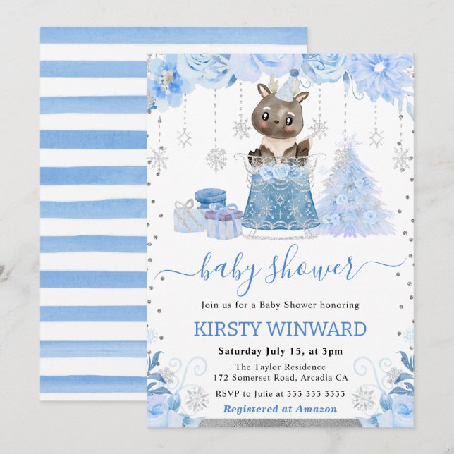 Watercolor Floral Arctic Reindeer Baby Shower Invitation (Front/Back)
