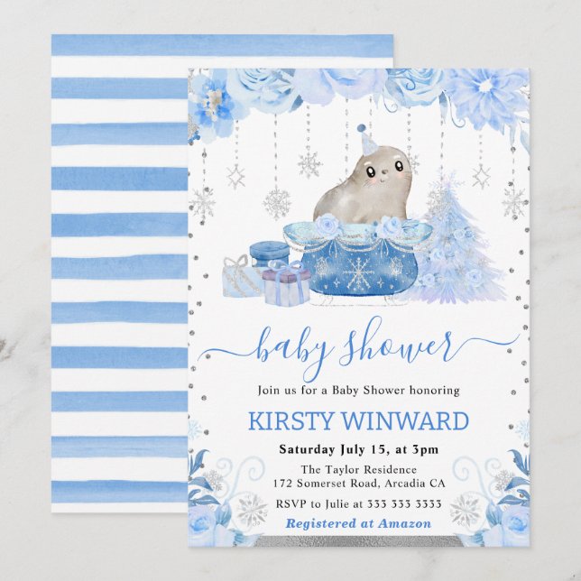 Watercolor Floral Arctic Seal Baby Shower Invitation (Front/Back)