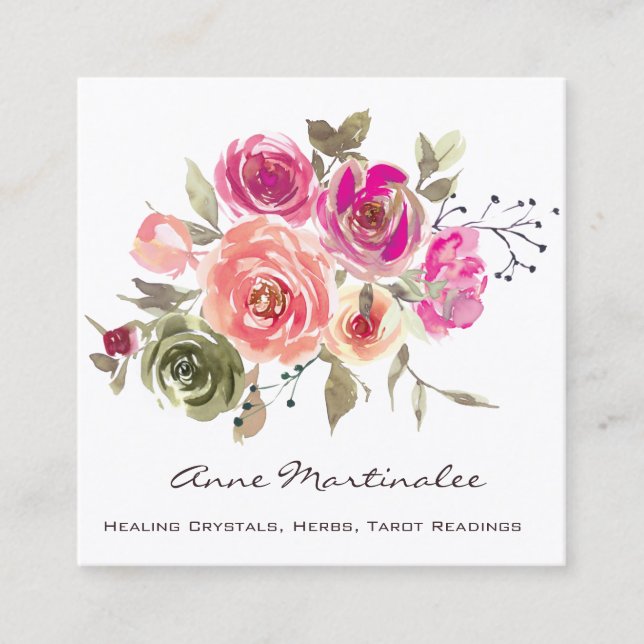 Watercolor Floral Arrangement Square Business Card (Front)