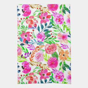 WATERCOLOR FLORAL ART DESIGN, COLORFUL FLOWERS     TEA TOWEL