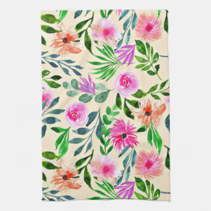 WATERCOLOR FLORAL ART DESIGN, COLORFUL FLOWERS     TEA TOWEL