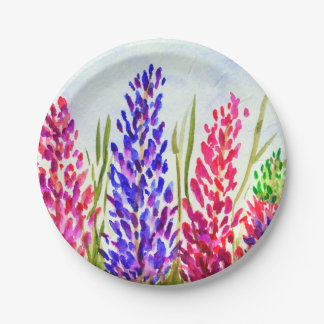 Watercolor Floral Art Lupine Wildflowers Pink Paper Plate