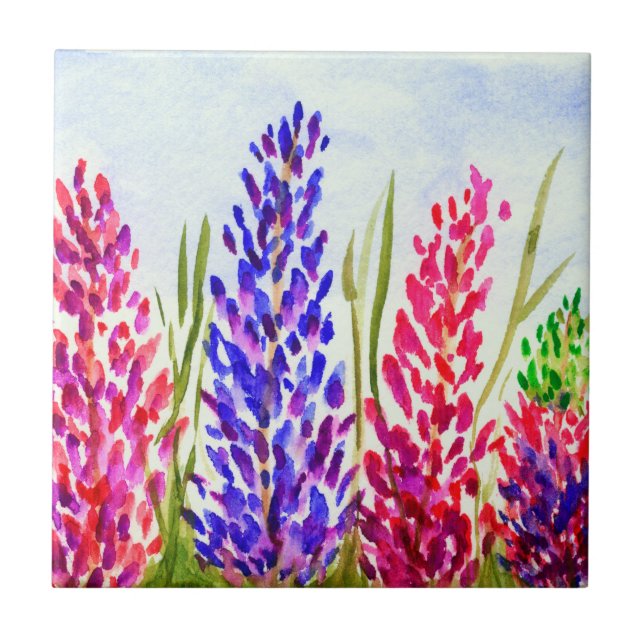 Watercolor Floral Art Lupine Wildflowers Purple Tile (Front)