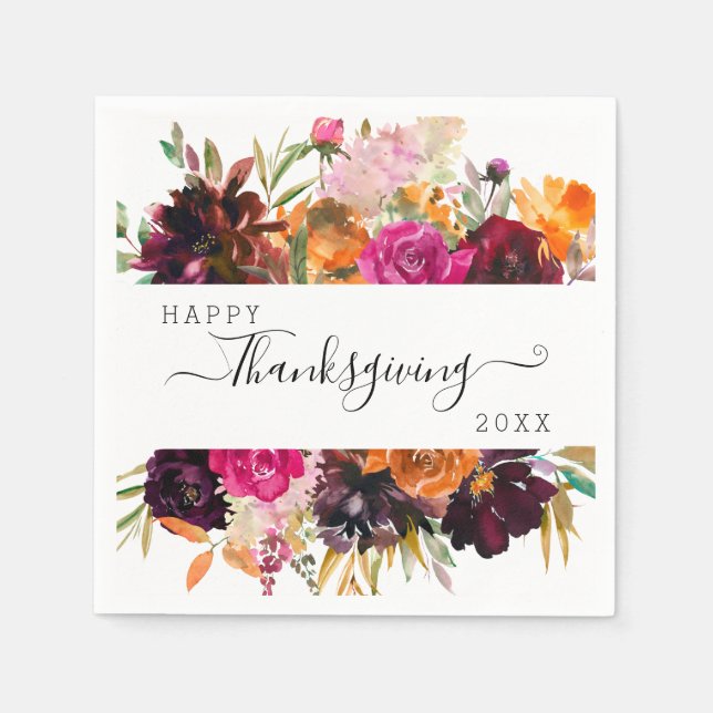 Watercolor Floral Autumn Boho Thanksgiving Napkin (Front)