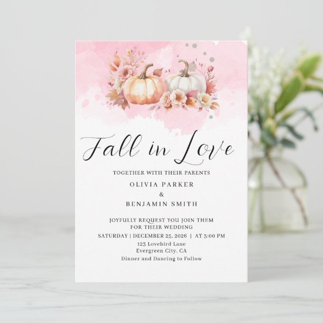 Watercolor Floral Autumn Pink Pumpkin Fall Wedding Invitation (Standing Front)