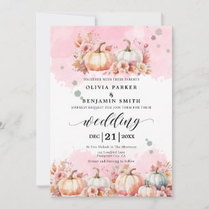 Watercolor Floral Autumn Pink Pumpkin Fall Wedding Invitation