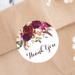 Watercolor Floral Autumn Wedding Thank You Classic Round Sticker<br><div class="desc">Bohemian style Wedding Thank You Sticker featuring watercolor illustration of burgundy,  red and pink peonies and roses with feathers accent. This is perfect for autumn | fall and winter events.  Matching items are also available.</div>